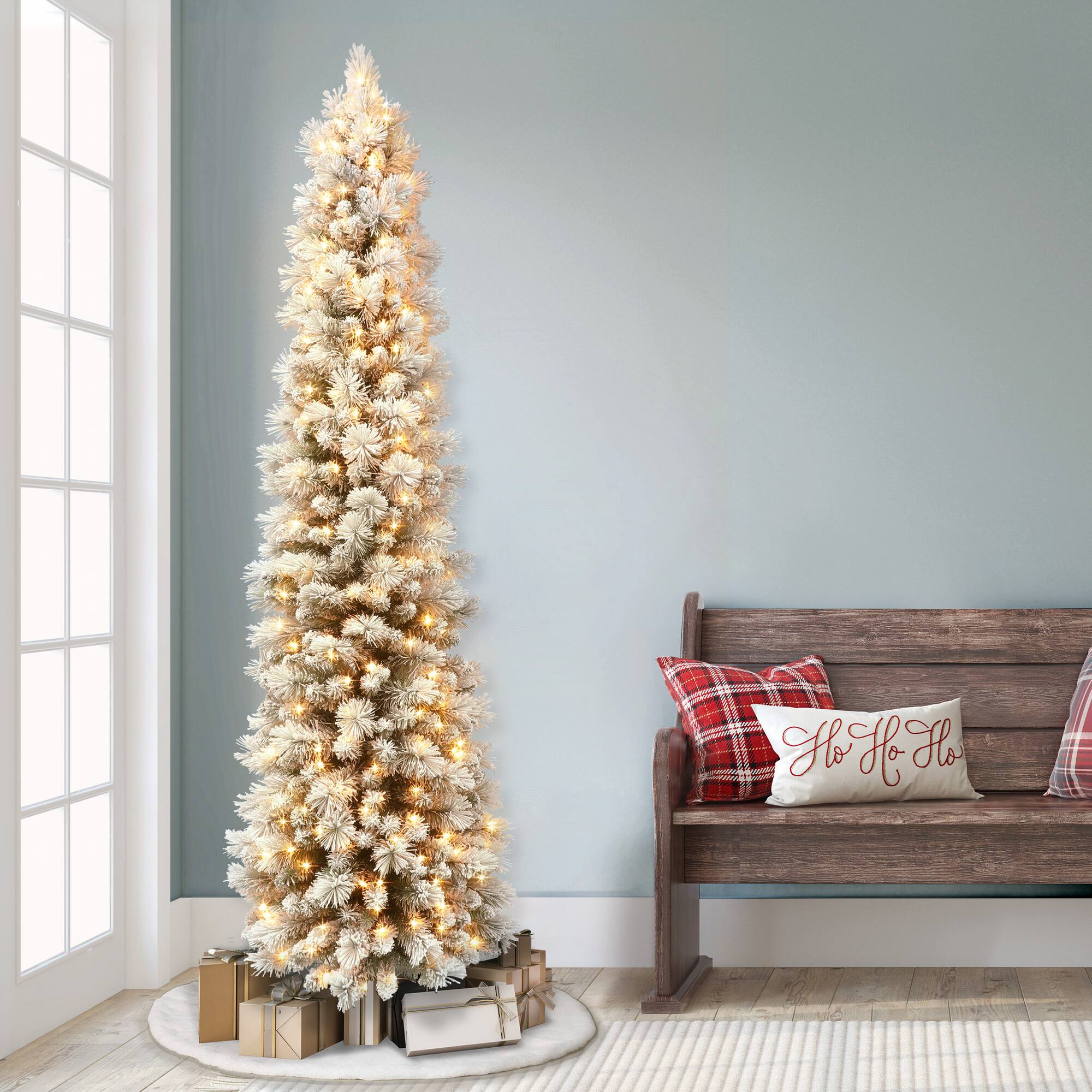 6.5ft. Pre-Lit Flocked Pine Pencil Artificial Tree, Warm White LED Lights